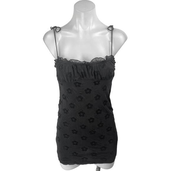 Motel Black Sleeveless Floral Jacquard Ruffle Cami Tank Mini Bodycon Dress XS - Picture 1 of 5